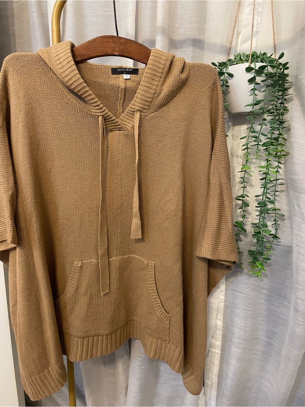 Camel Knit Hooded Poncho Sweater